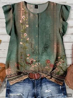 NWT Bohemian Rustic Turquoise Green Floral Ruffle Women’s Top